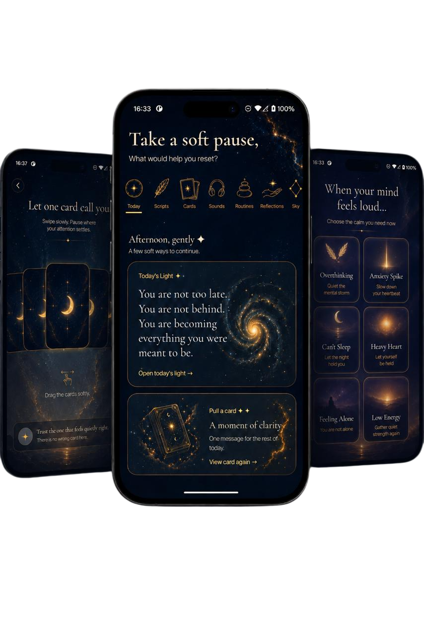 Calm Reset promotional artwork showing three app screens on a transparent background